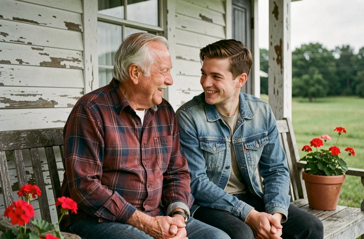 Grand-père et petit-fils adulte partageant un moment de complicité sur un porche de ferme, symbole des liens intergénérationnels en famille