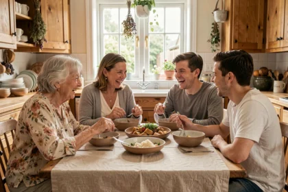 Famille multigénérationnelle réunie autour d'un repas partagé dans une cuisine authentique, illustrant l'importance des liens familiaux