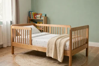 Lit de bébé en bois avec barrières de sécurité basses dans une chambre d'enfant décorée en vert sauge avec parquet et tapis en laine