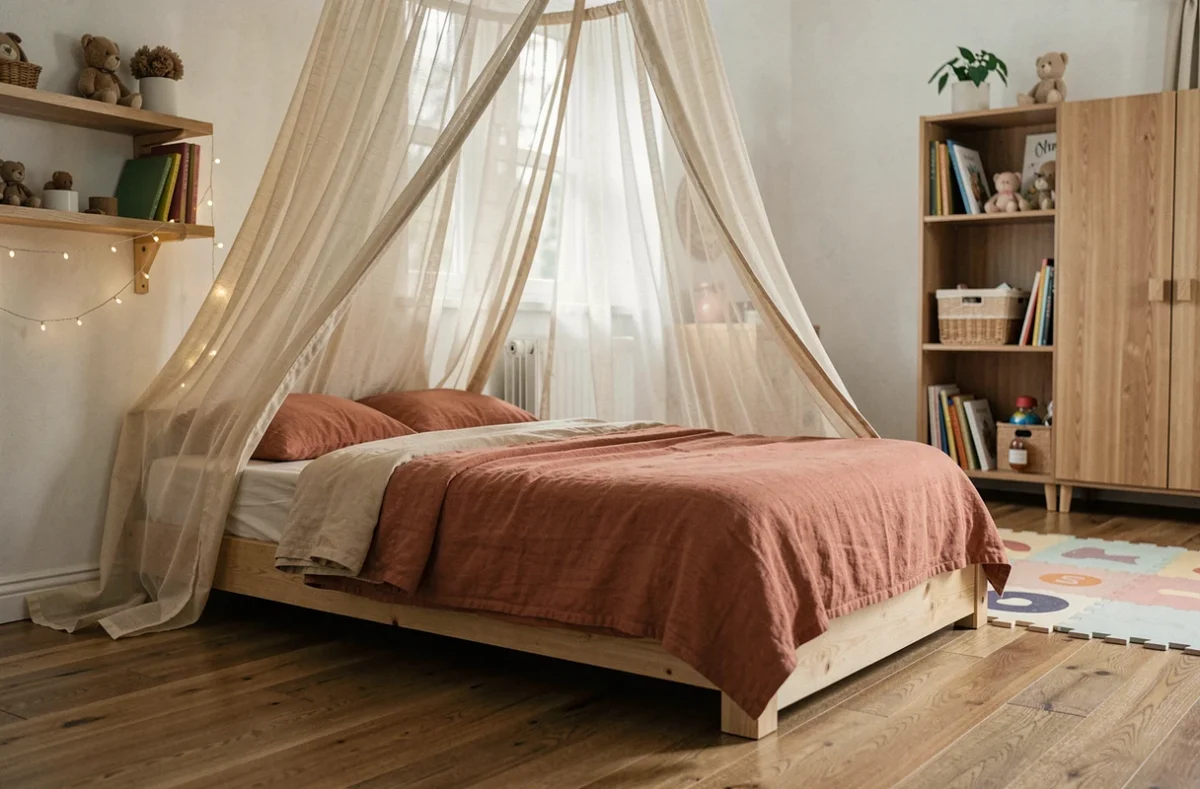 Lit Montessori au sol avec cadre en bois bas, baldaquin en tissu ivoire et linge de lit en terracotta dans une chambre de bébé épurée