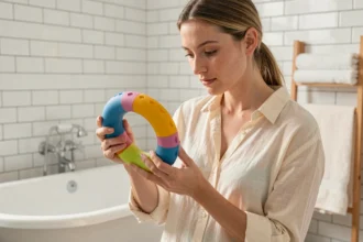 Maman tenant un anneau de bain et se demandant quand l'arrêter pour son bébé