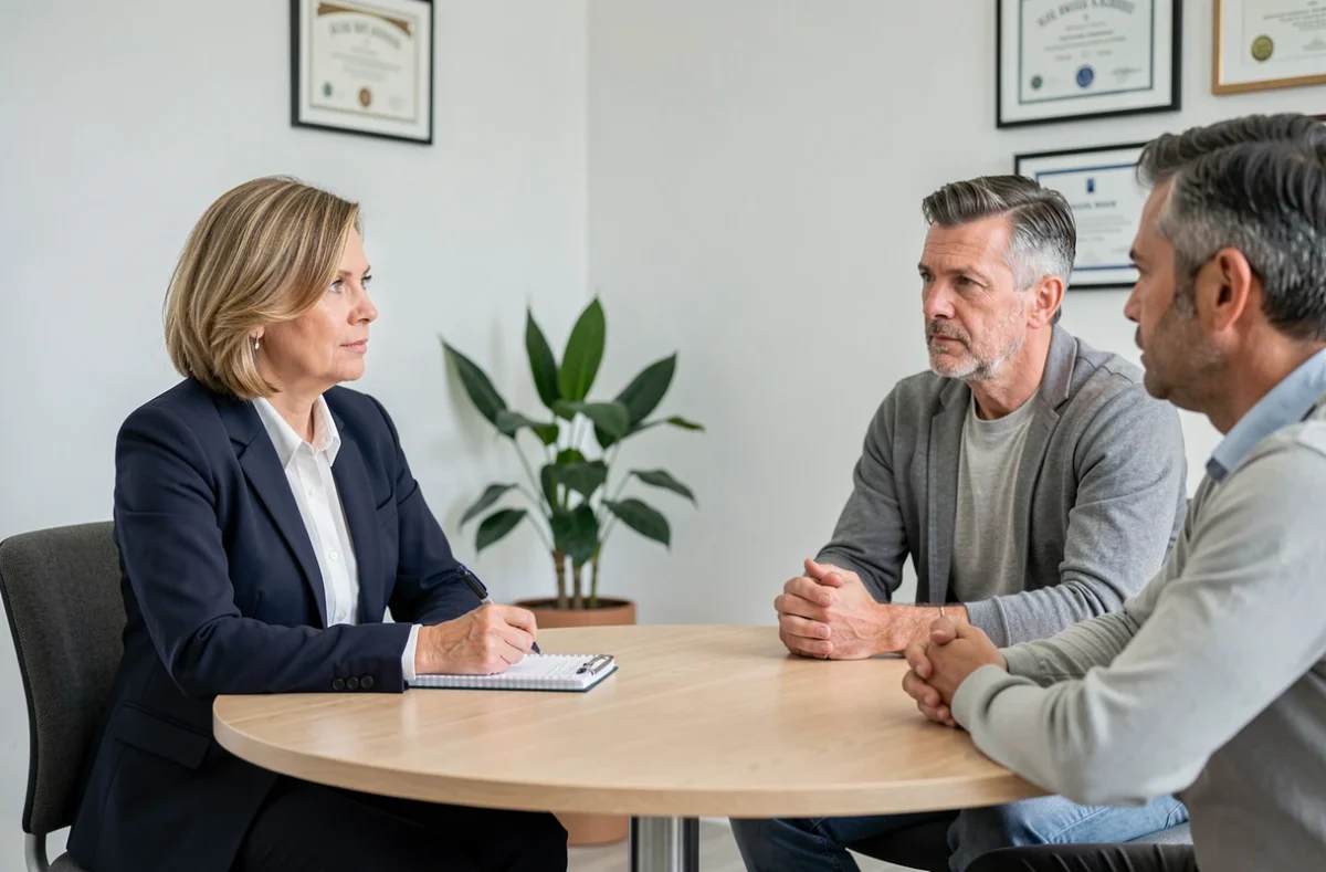 Médiatrice professionnelle facilitant une séance de médiation familiale entre un couple dans un bureau neutre et apaisant