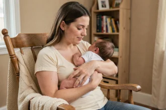 Mère allaitant son nouveau-né dans une chambre de bébé cosy, illustrant les bienfaits de l'allaitement maternel