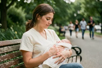 Mère allaitant son bébé sur un banc de parc public, illustrant les droits des femmes qui allaitent en dehors du domicile