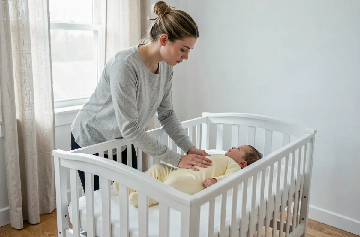 Mère observant son bébé trop grand pour son berceau blanc, bébé en turbulette jaune dans une chambre épurée