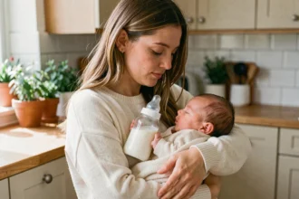 Jeune mère tenant un biberon de lait pour son nouveau-né dans une cuisine chaleureuse