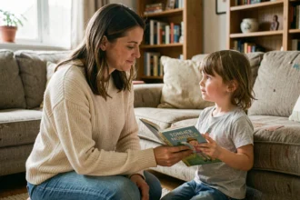 Une mère explique un livre illustré à sa petite fille dans un salon chaleureux, illustrant l'éducation parentale au quotidien