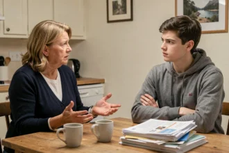 Mère et fils adulte en discussion sérieuse à la table de cuisine concernant son départ du domicile familial