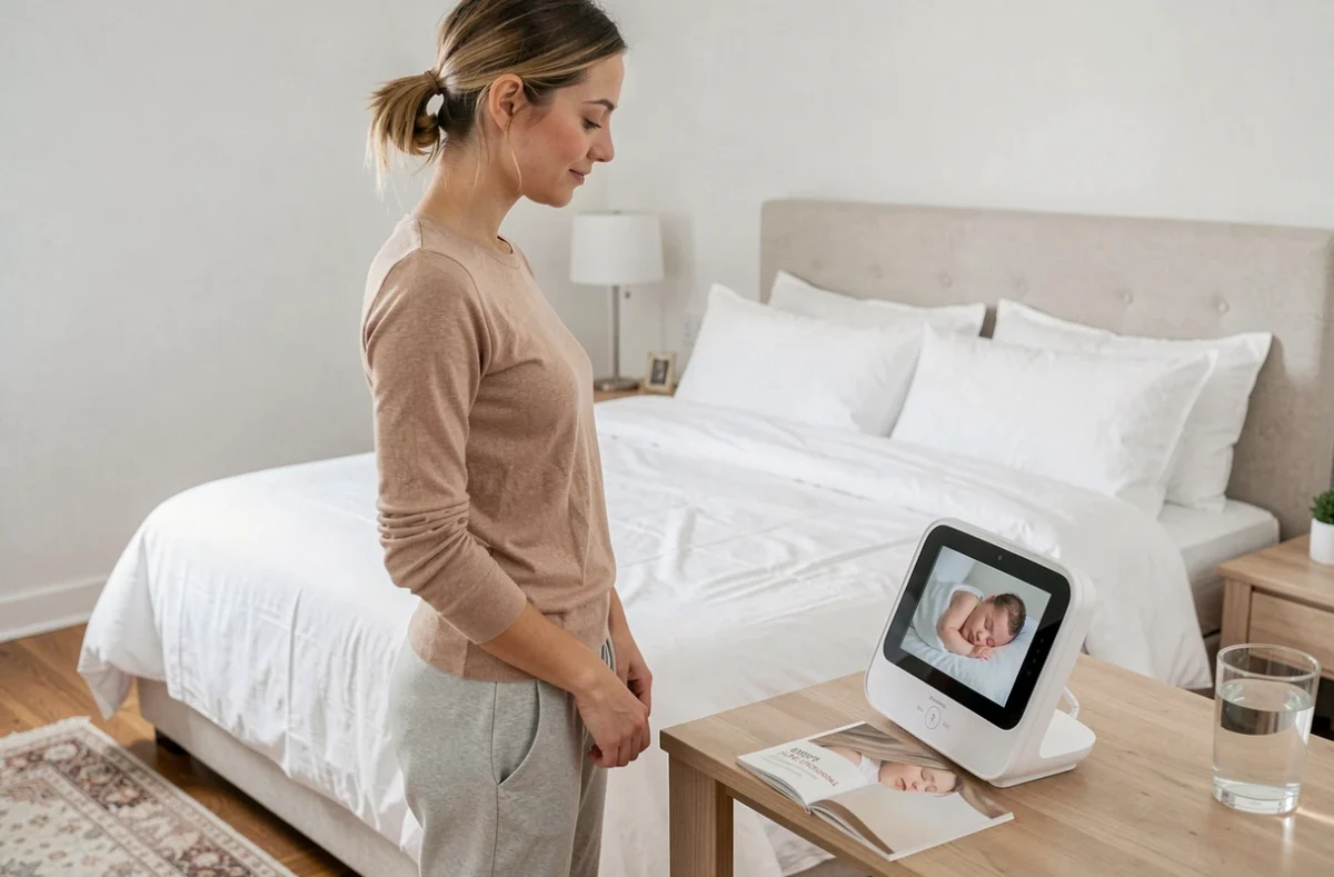 Jeune mère vérifiant le babyphone la nuit pour surveiller le sommeil de son bébé