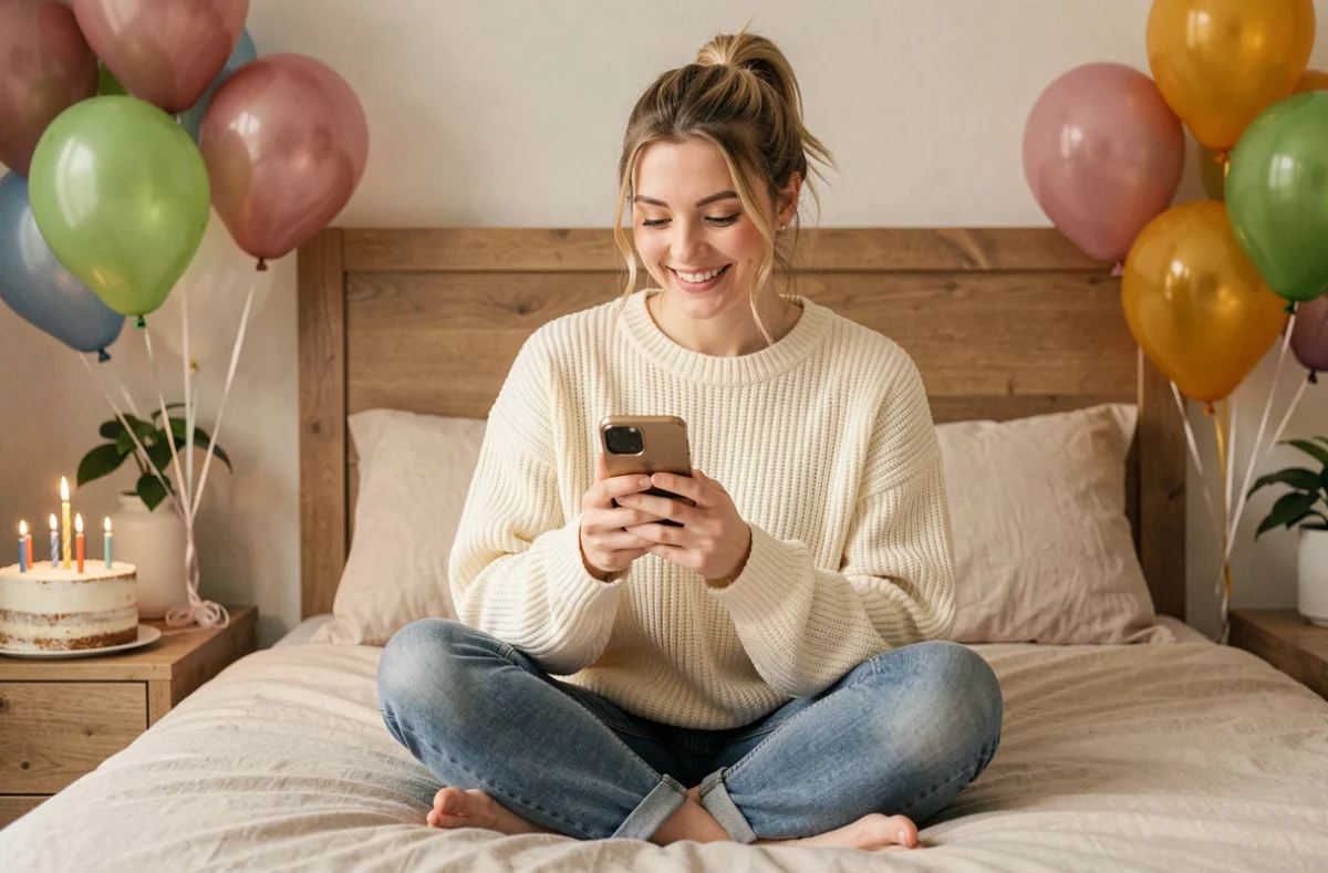 Jeune femme souriante lisant un message d'anniversaire original sur son téléphone entourée de ballons colorés