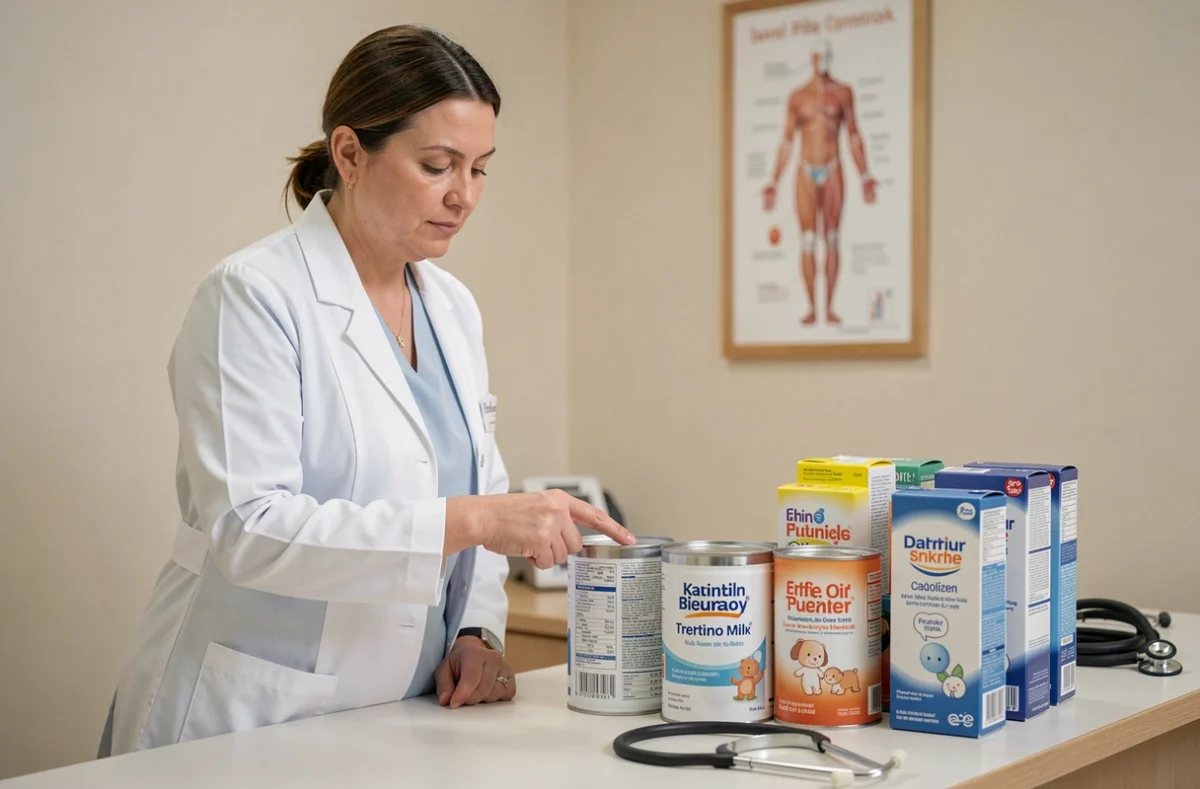 Nutritionniste pédiatrique présentant différentes formules de lait infantile dans un cabinet médical