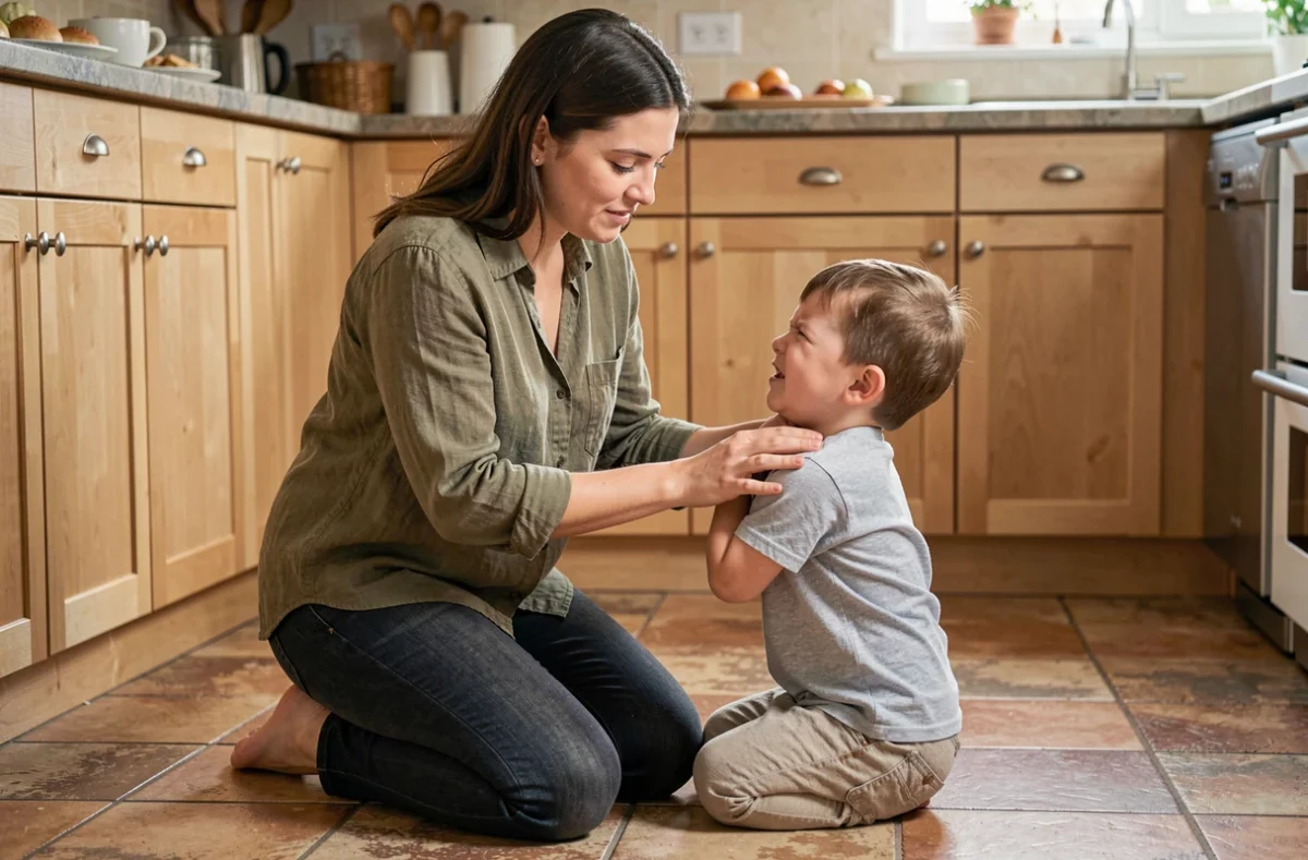 Mère agenouillée face à son enfant de 2 ans en pleine crise dans la cuisine, illustrant la gestion des Terrible Two par un parent bienveillant
