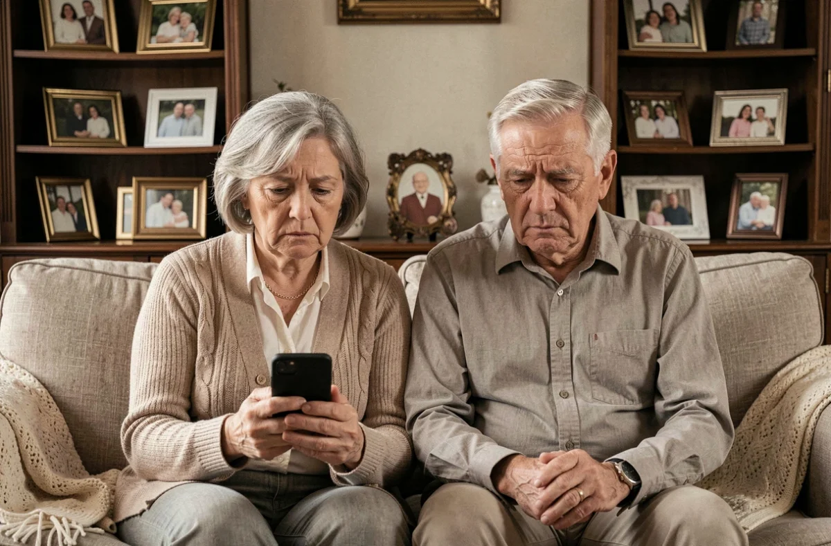 Parents âgés assis ensemble sur un canapé, regardant un téléphone avec une expression pensive, symbolisant la distance avec leurs enfants adultes