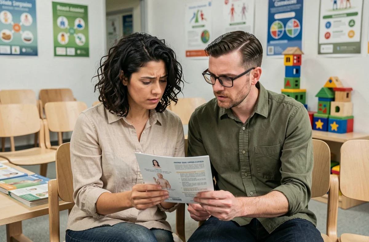 Parents inquiets consultant une brochure médicale dans une salle d'attente pédiatrique, questionnement sur le traitement du TDAH