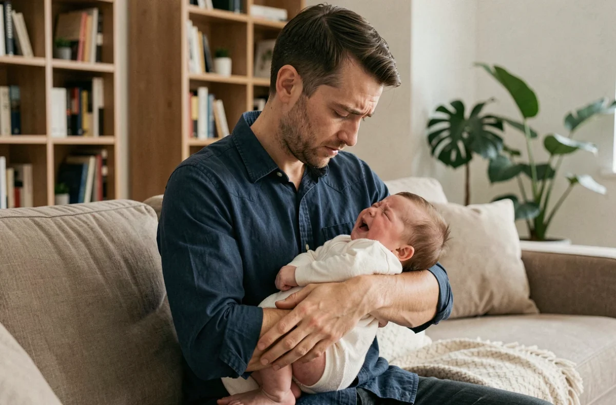 Père fatigué tenant un bébé qui pleure dans ses bras sur un canapé dans un salon moderne