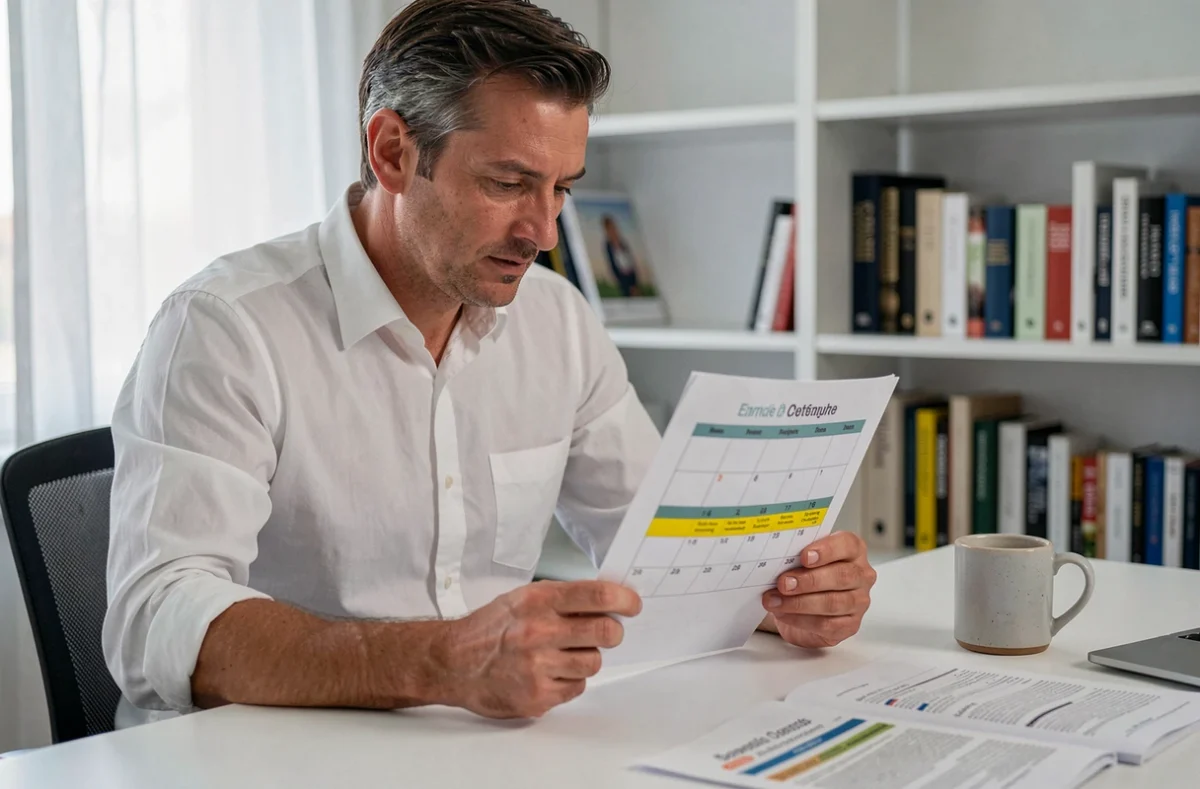 Père consultant un calendrier des inscriptions scolaires 2026 dans son bureau à domicile