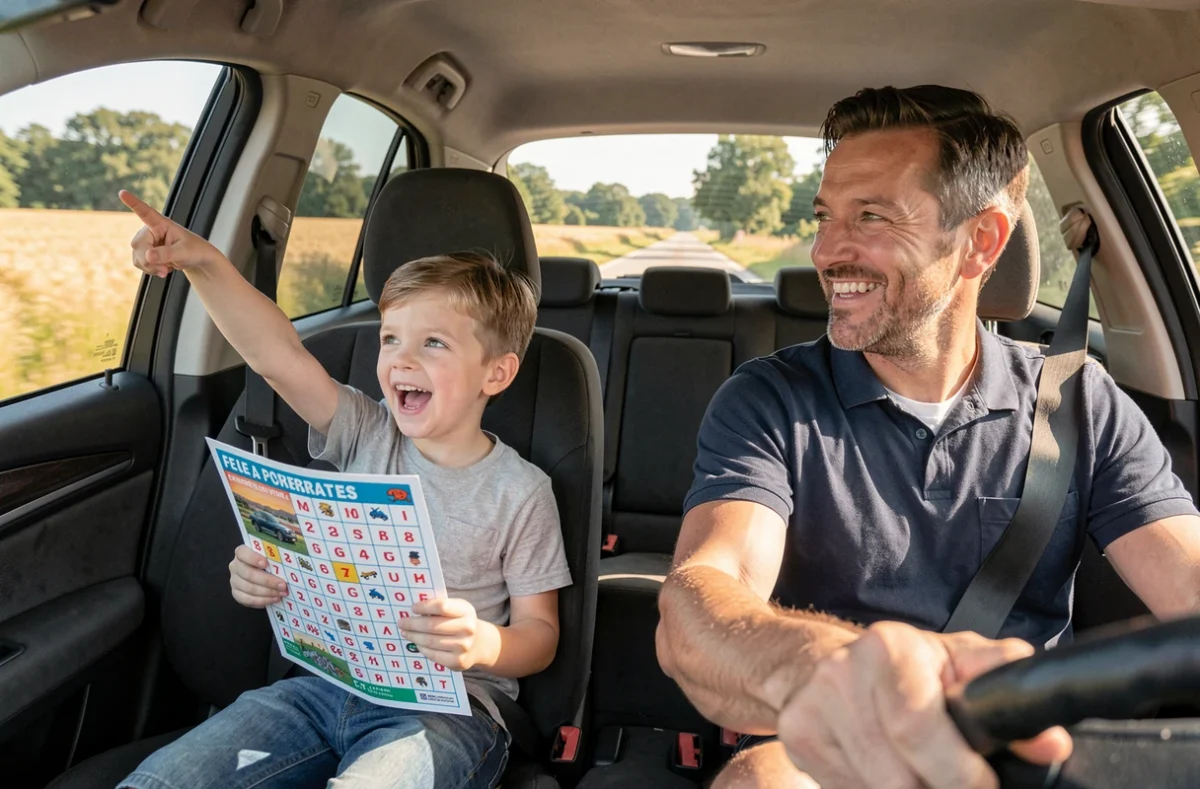 Père et fils jouant au bingo routier en voiture sur une route de campagne