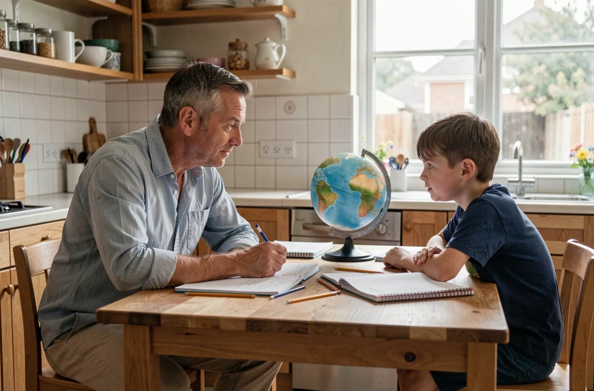 Un père aide son fils à faire ses devoirs à la table de la cuisine, représentant l'accompagnement scolaire et l'éducation familiale