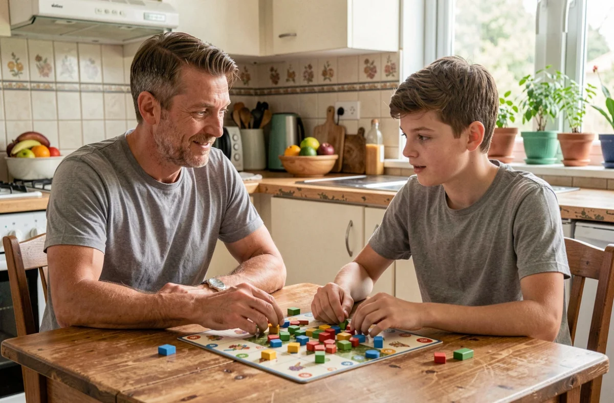 Père et fils adolescent jouant à un jeu de société ensemble à la maison, alternative saine au temps passé sur le téléphone