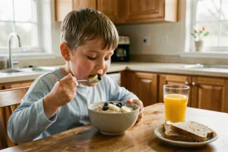 Jeune garçon en surpoids mangeant un petit déjeuner sain à base de flocons d'avoine et de fruits frais à la table de la cuisine