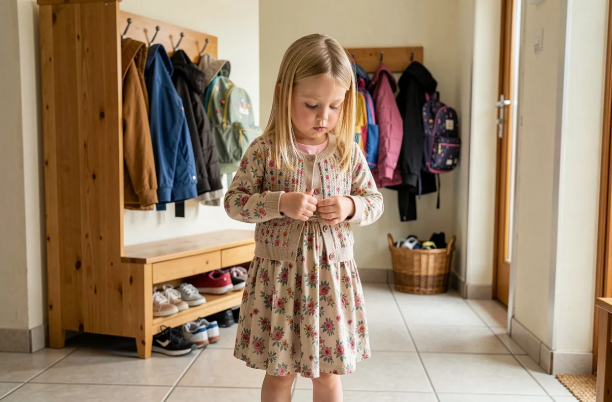Petite fille de 5 ans qui boutonne son gilet seule dans l'entrée de la maison