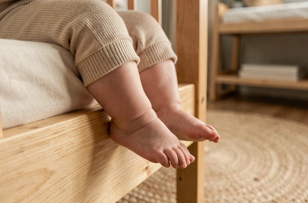 Gros plan des pieds de bébé contre le bord du berceau en bouleau, signe que le berceau est devenu trop petit