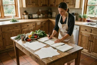 Femme planifiant un menu hebdomadaire avec des fiches recettes et des légumes frais sur une table en bois rustique dans une cuisine chaleureuse