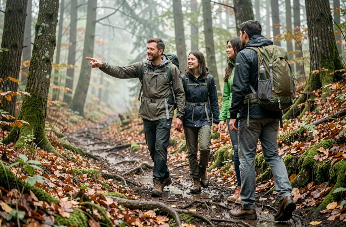 Famille en randonnée dans une forêt automnale pour changer de routine et découvrir la nature ensemble