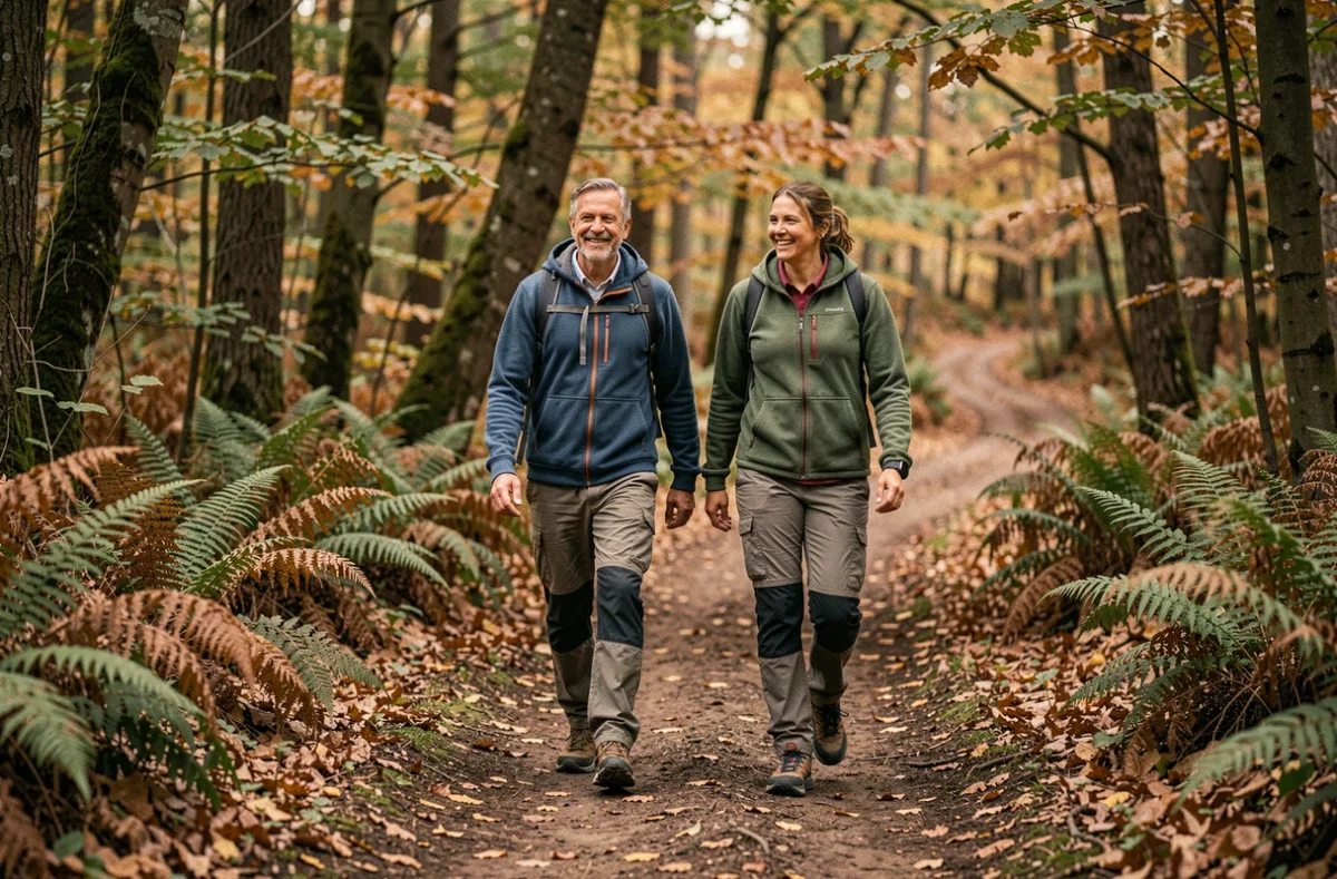 Couple en randonnée dans une forêt lors d'une sortie nature gratuite en plein air