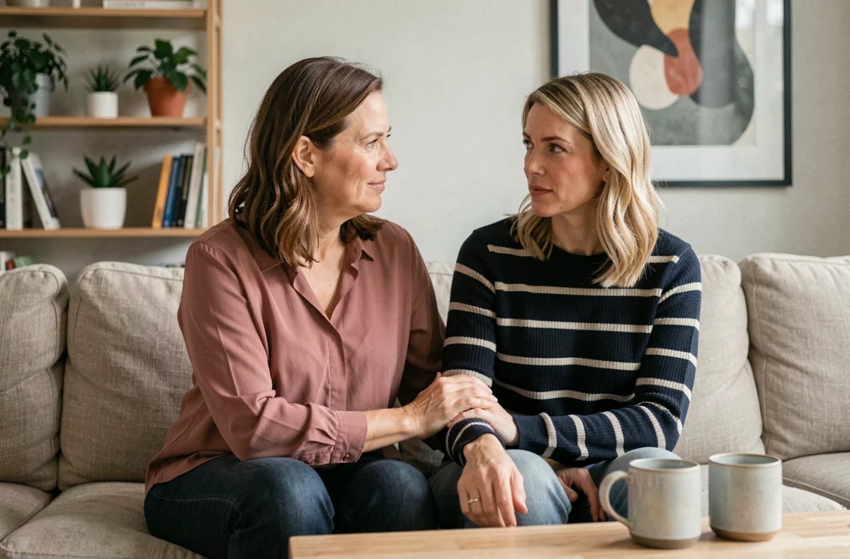 Deux sœurs adultes se réconciliant sur un canapé lors d'une conversation sincère et apaisante pour résoudre un conflit familial