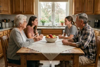 Famille multigénérationnelle réunie autour d'une table en bois pour résoudre un conflit familial lors d'une discussion calme et ouverte