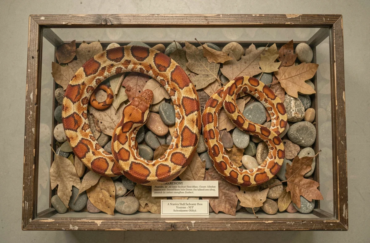 Deux serpents des blés côte à côte dans un présentoir naturaliste, femelle plus grande aux motifs orange vifs comparée au mâle plus fin, feuilles séchées et galets