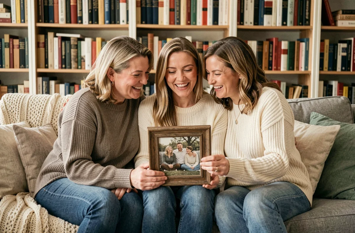 Trois sœurs adultes réunies dans un salon familial regardant une photo de famille ancienne, évoquant la force des liens fraternels et familiaux