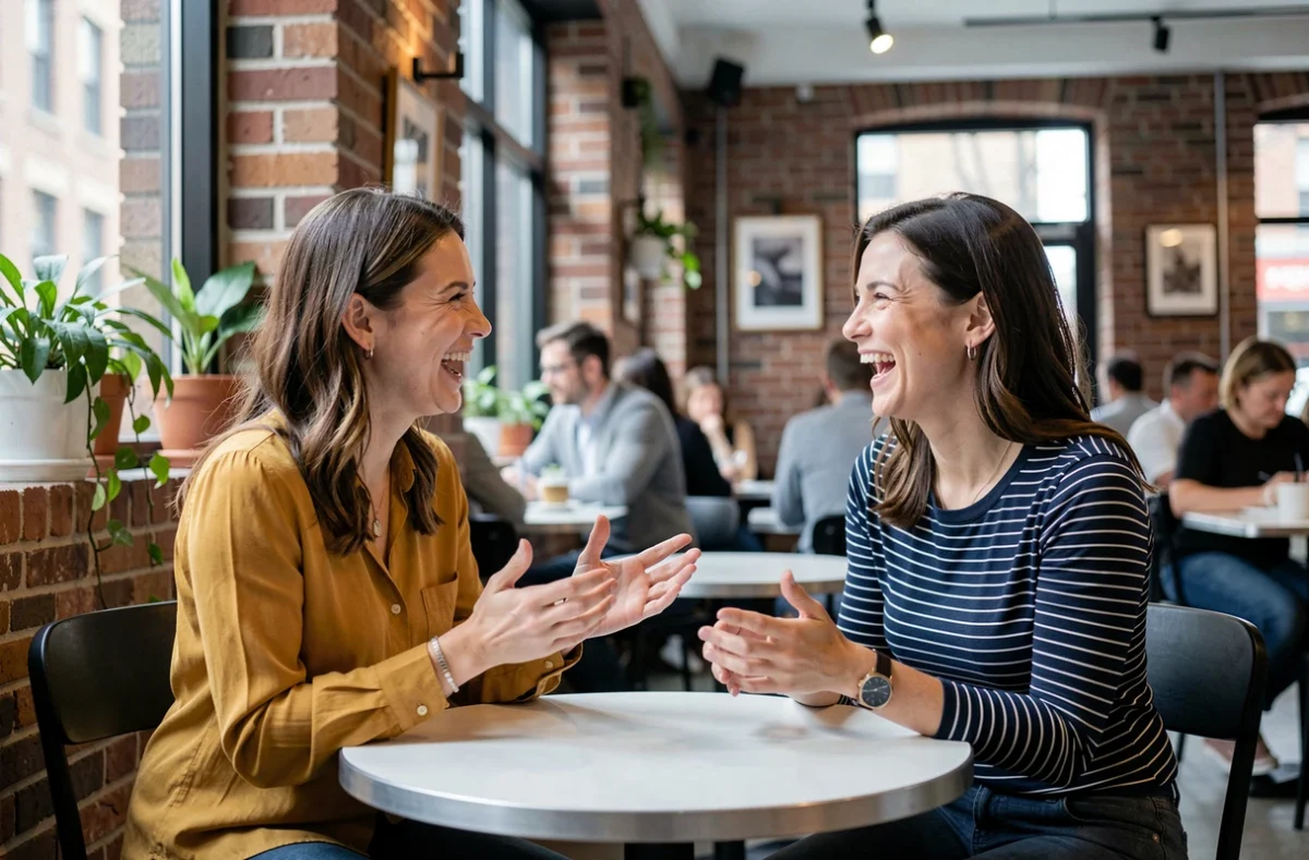 Deux femmes utilisant la distraction sociale en discutant et riant dans un café urbain