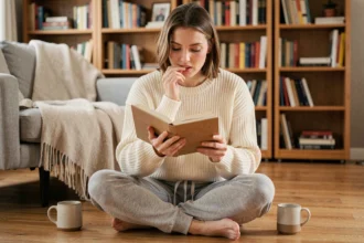 Femme pratiquant la distraction cognitive en lisant un livre dans un salon cosy