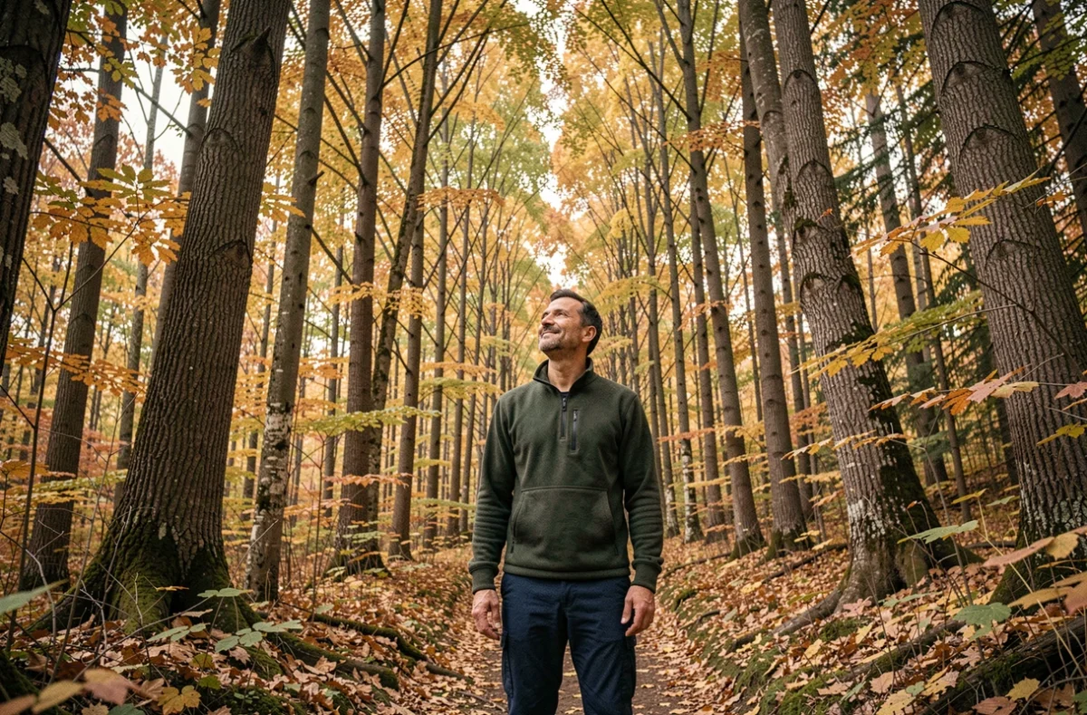 Homme pratiquant la distraction par la nature en s'immergeant dans une forêt automnale