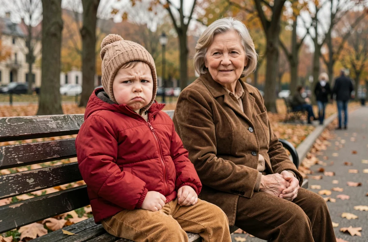 Bambin boudeur sur un banc de parc en automne avec sa grand-mère patiente, illustration de la fin du terrible two