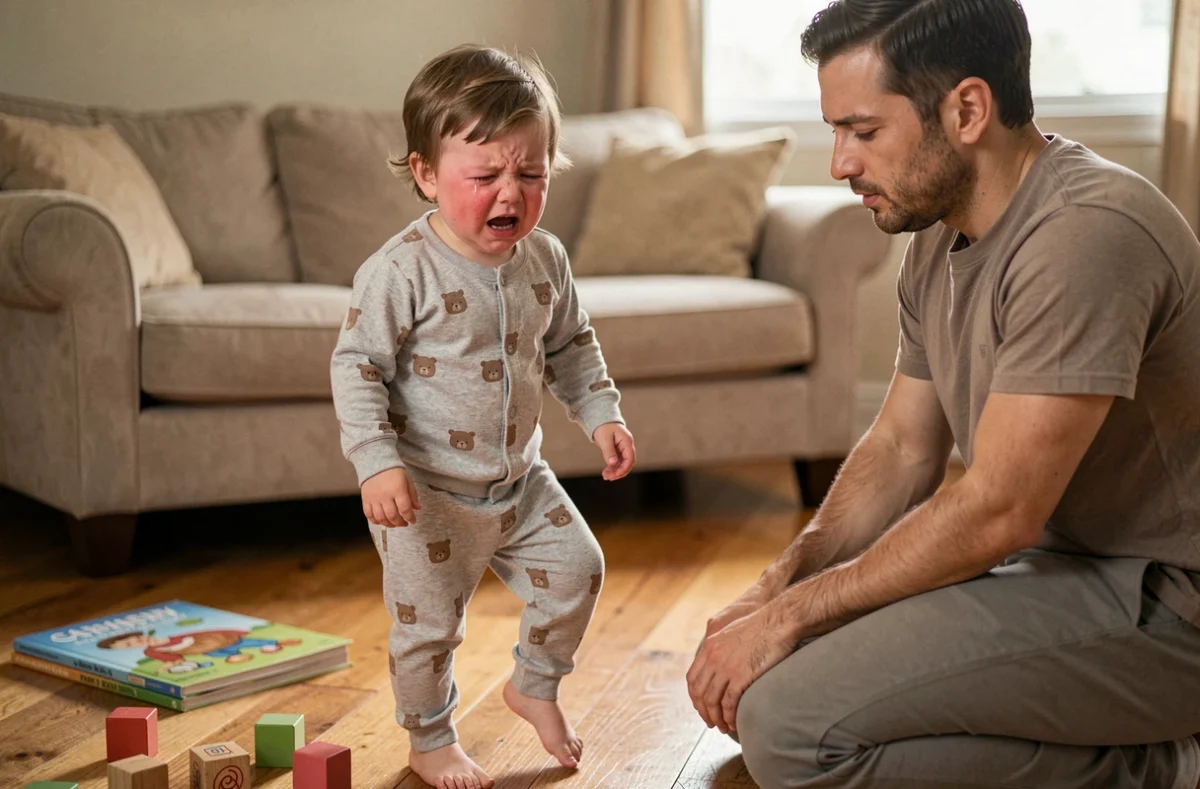 Petit enfant de 3 ans en pleurs dans le salon familial, père agenouillé face à lui, phase du terrible two à la maison