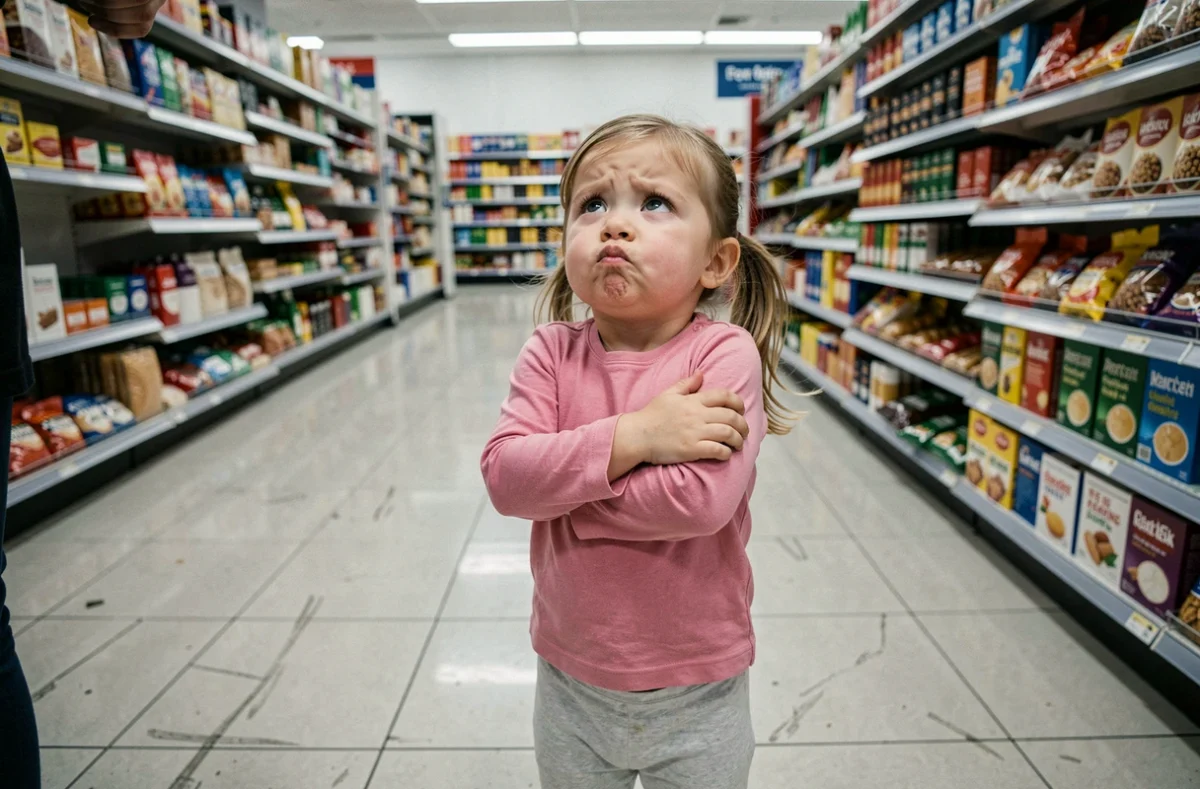 Petite fille de 2 ans faisant la moue dans un supermarché, bras croisés, représentant le comportement d'opposition des Terrible Two