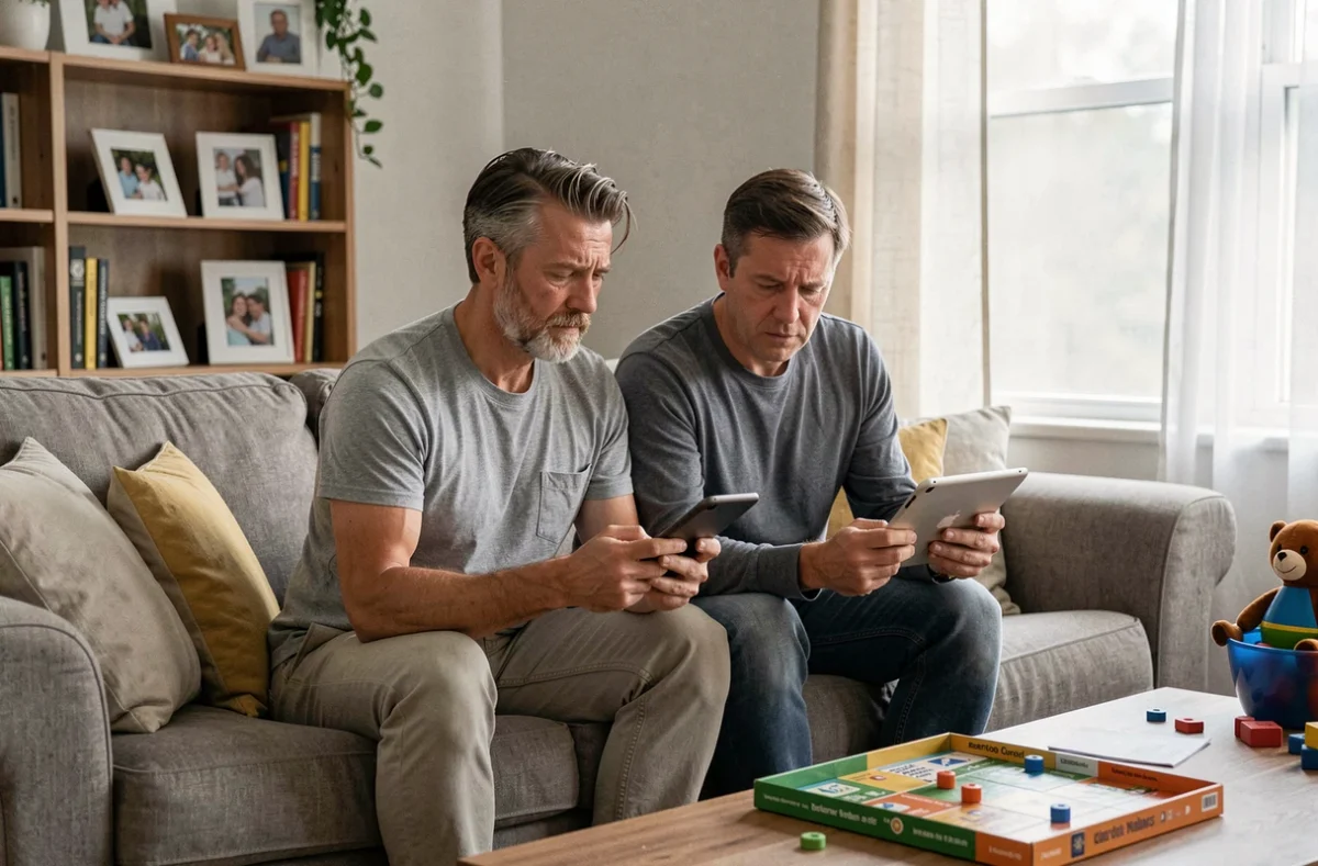 Couple travaillant sur leurs appareils numériques dans le salon en famille, illustrant la difficulté à déconnecter du travail pendant le temps familial