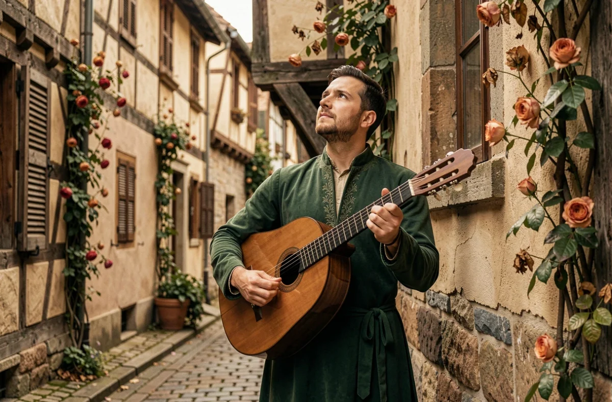 Troubadour médiéval jouant du luth dans une ruelle pavée, symbole de l'amour courtois et de la poésie lyrique au Moyen-Âge